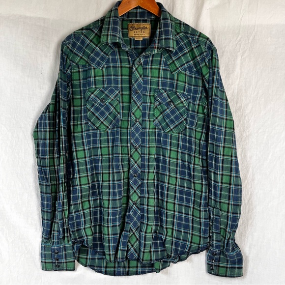 Wrangler Retro Shirt Women L Western Pearl Snap Plaid Cotton Cowgirl Flannel Top - Picture 1 of 16